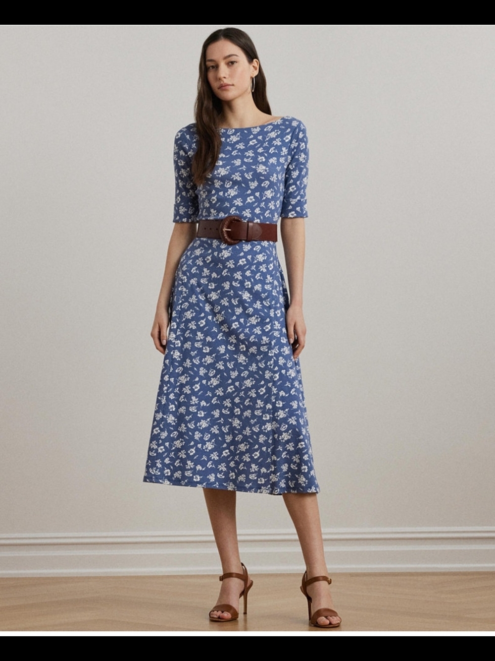 Lauren Ralph Lauren Women's Floral Stretch Cotton Midi Dress Size L Blue Multi
